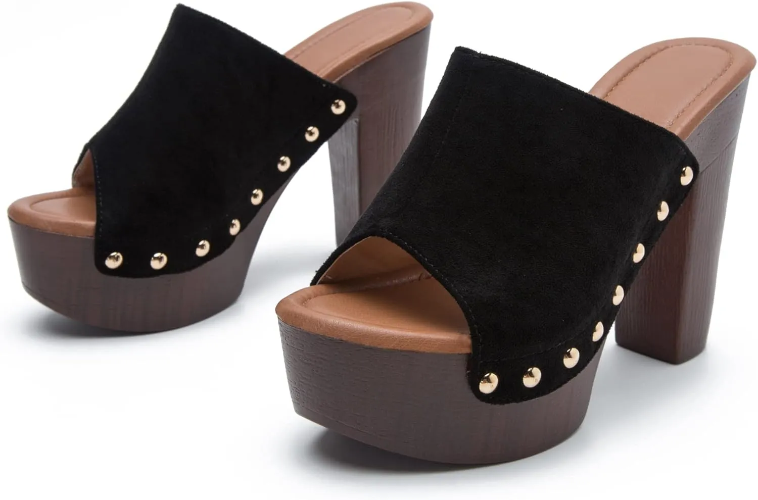 YooPrettyz Women Slip On Wood Like Platform Chunky High Heels Peep Toe Studded Evening Dress Slide Shoes
