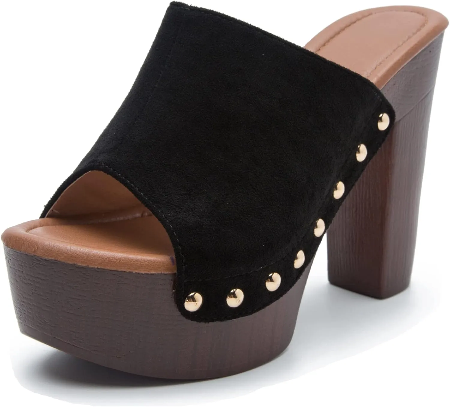 YooPrettyz Women Slip On Wood Like Platform Chunky High Heels Peep Toe Studded Evening Dress Slide Shoes