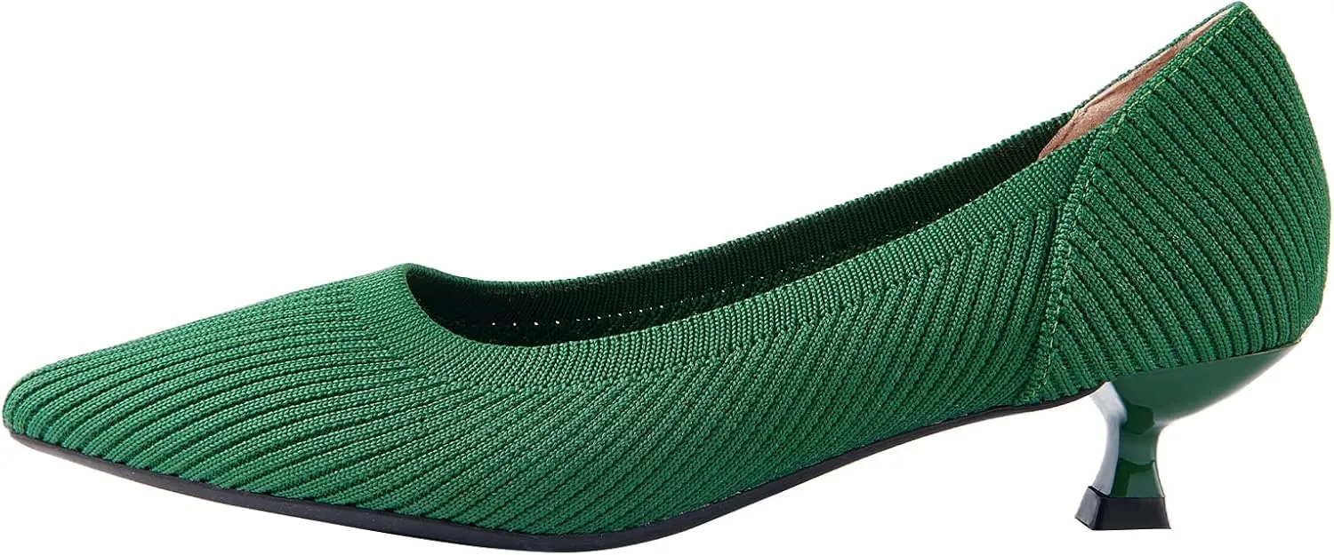 youngshow Women's Pumps Kitten Heels Pointed Toe Knit Slip On Comfortable Casual Formal Dress Shoes