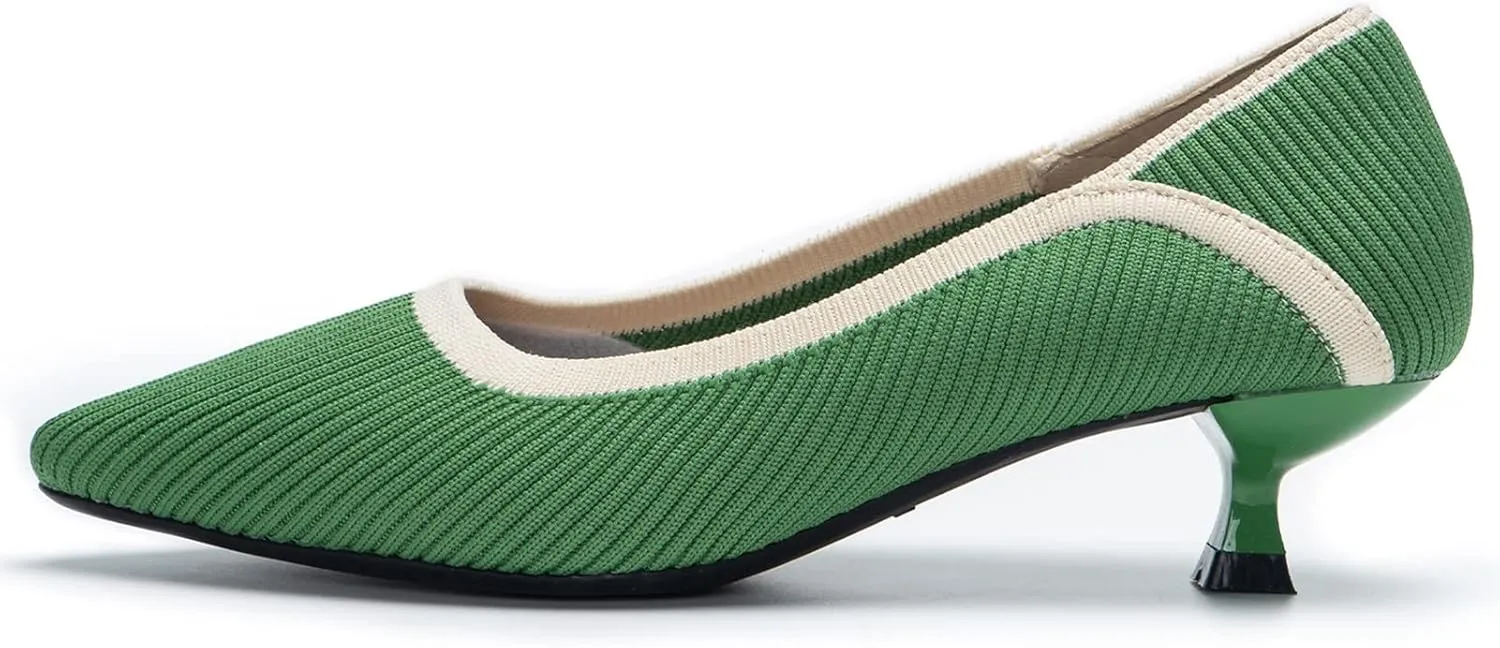 youngshow Women's Pumps Kitten Heels Pointed Toe Knit Slip On Comfortable Casual Formal Dress Shoes