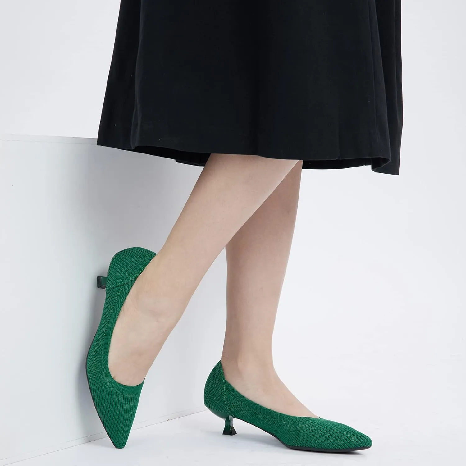 youngshow Women's Pumps Kitten Heels Pointed Toe Knit Slip On Comfortable Casual Formal Dress Shoes