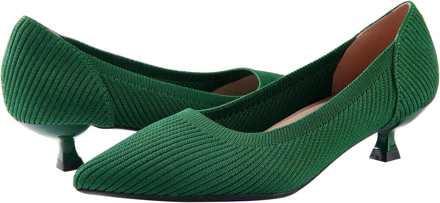 youngshow Women's Pumps Kitten Heels Pointed Toe Knit Slip On Comfortable Casual Formal Dress Shoes