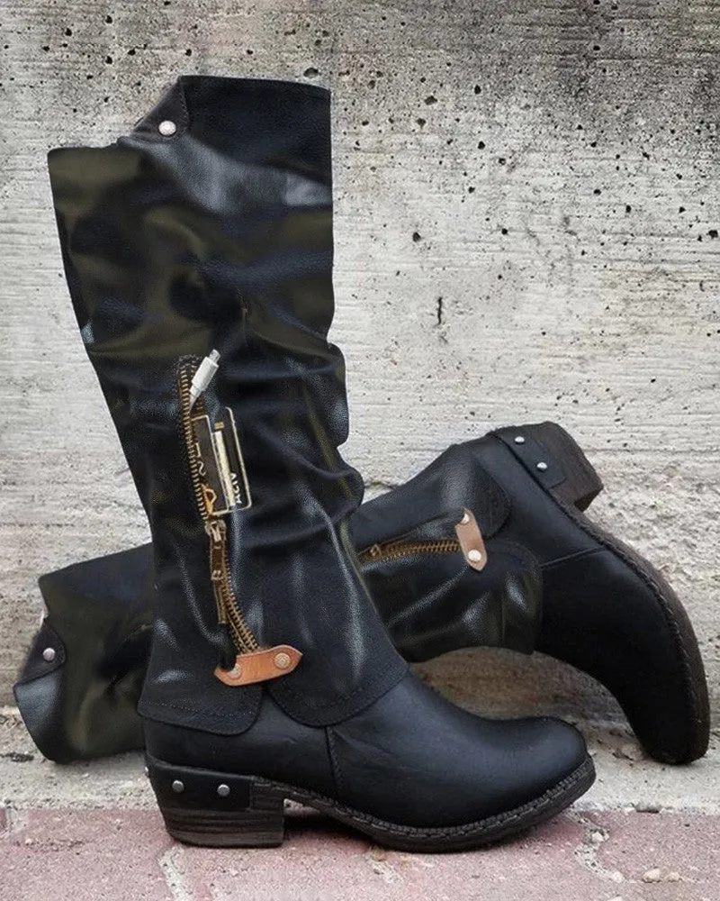 Zipper Design Chunky Cowboy Boots