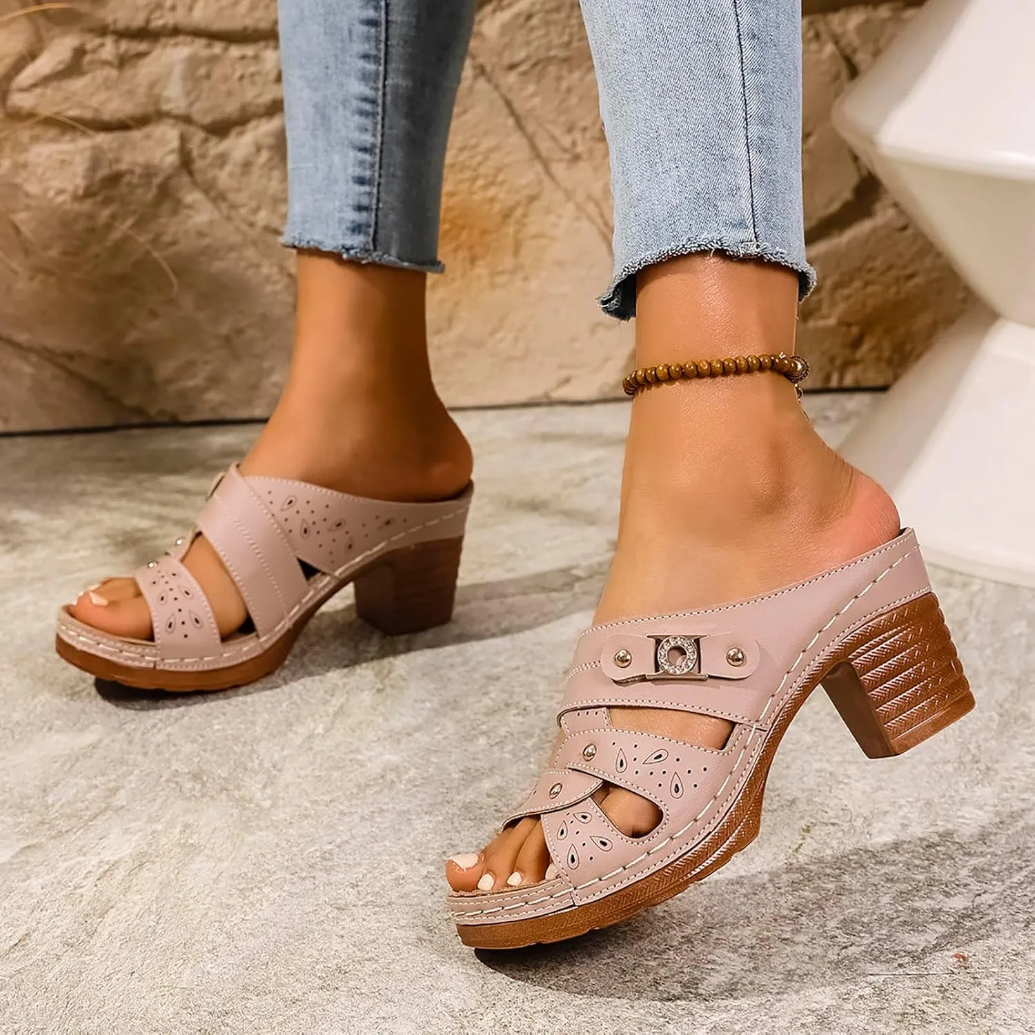 ZSpzx Chunky Heels Platform Sandals for Women 2025 Arch Support Slip On Low Mid Heel Slide Block Sandal Summer Rivets Hollow Orthopedic Recovery Mules Casual Shoes Party Wedding Daily Work