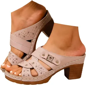 ZSpzx Chunky Heels Platform Sandals for Women 2025 Arch Support Slip On Low Mid Heel Slide Block Sandal Summer Rivets Hollow Orthopedic Recovery Mules Casual Shoes Party Wedding Daily Work